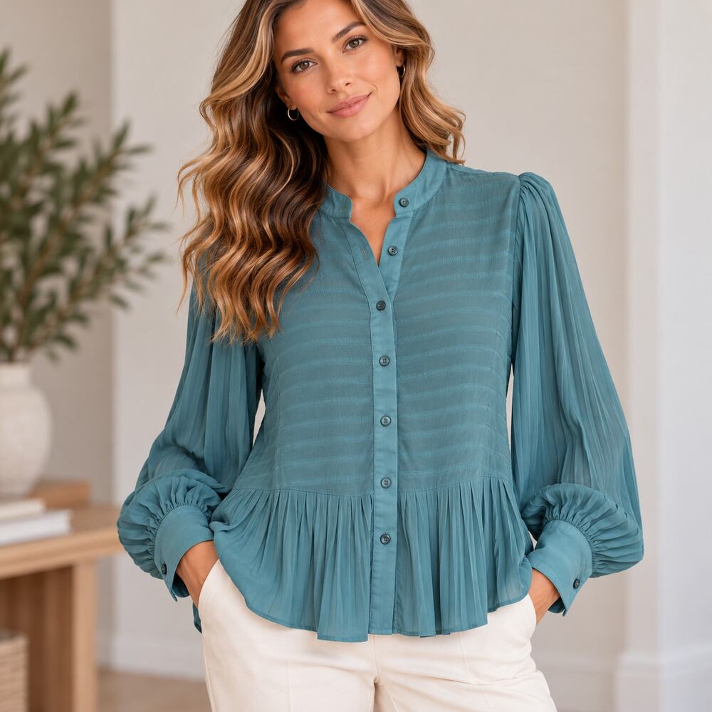 Coldwater Creek Button-Up Blouse Women's Size L Dusty Blue Semi-Sheer Romantic